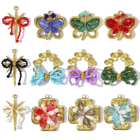 Edelstahl DIY Anhänger Halskette Herstellung Blume Schmetterling Schleife Stern Künstliche Perlen Glas Kristall Künstliche Perle Charm Vintage Schmuck Damen
