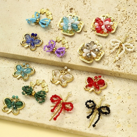Edelstahl DIY Anhänger Halskette Herstellung Blume Schmetterling Schleife Stern Künstliche Perlen Glas Kristall Künstliche Perle Charm Vintage Schmuck Damen