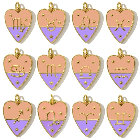 Heart Zodiac Enamel Copper Pendants For DIY Jewelry Making Astrology Constellation Charms For Women Necklace Bracelet Jewelry
