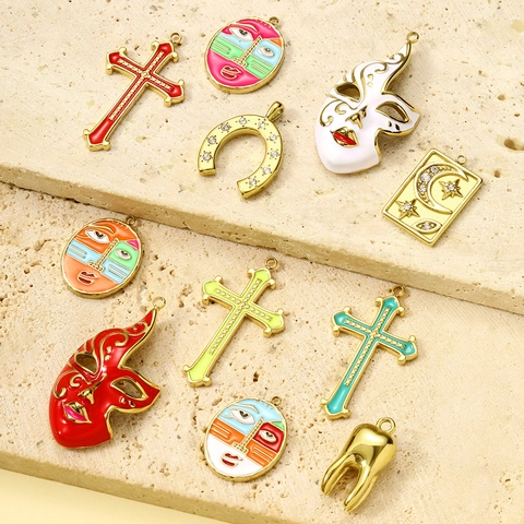 Vintage Stainless Steel Enamel Pendants For DIY Jewelry Making Venetian Mask Picasso Face Cross Horseshoe Star Moon Pendants