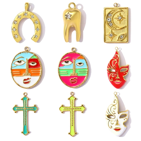 Vintage Stainless Steel Enamel Pendants For DIY Jewelry Making Venetian Mask Picasso Face Cross Horseshoe Star Moon Pendants