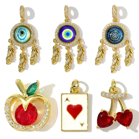 Ciondolo in Rame con Zirconia DIY Acchiappasogni Malocchio Cuore di Poker Mela Ciliegia Charms per Creazione Gioielli Donna Collana Orecchino Accessorio
