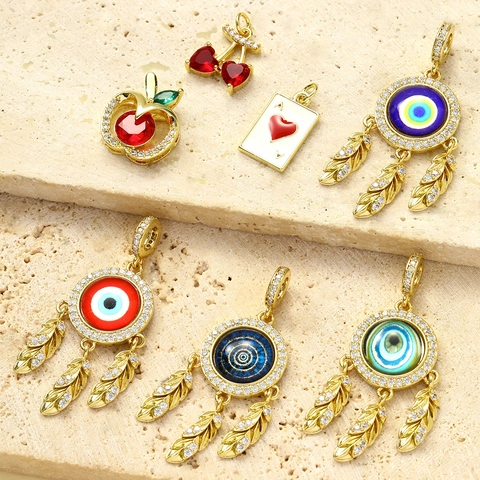 Ciondolo in Rame con Zirconia DIY Acchiappasogni Malocchio Cuore di Poker Mela Ciliegia Charms per Creazione Gioielli Donna Collana Orecchino Accessorio