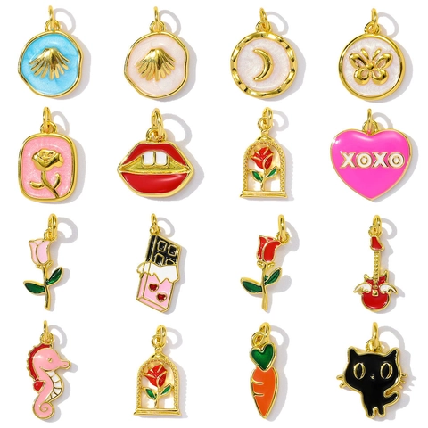 Cartoon Enamel Copper DIY Jewelry Pendants Charms Moon Rose Lips Heart Cat Shape For Necklace Bracelet Making Craft Women Accessories