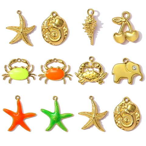 Titanium Staal Oceaan Serie Emaille Zeester Krab Conch Hanger DIY Sieraden Maken Accessoires Voor Ketting Verguld