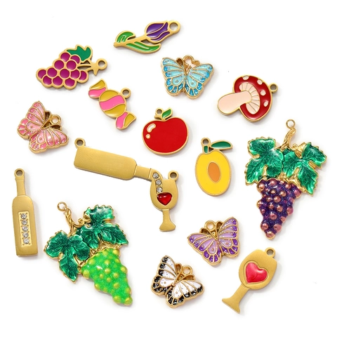 Französische Vintage Edelstahl Emaille Anhänger Für DIY Schmuckherstellung Traube Apfel Schmetterling Weinglas Strass Charms Damen Schmuck Zubehör