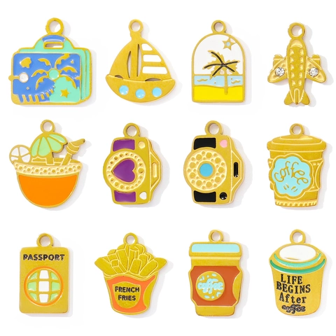DIY Stainless Steel Enamel Pendants For Jewelry Making Airplane Camera Coffee Cup Ship Passport Travel Theme Charms Women Retro Jewelry Accessory