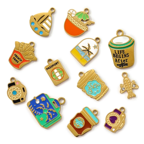 DIY Stainless Steel Enamel Pendants For Jewelry Making Airplane Camera Coffee Cup Ship Passport Travel Theme Charms Women Retro Jewelry Accessory