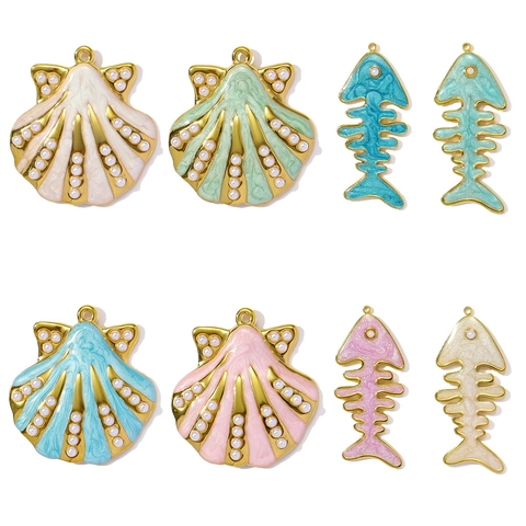 Marine Ocean Style Stainless Steel Enamel Scallop Shell Fish Bone Pendants With Artificial Pearl Gold Plated DIY Jewelry Making Charms