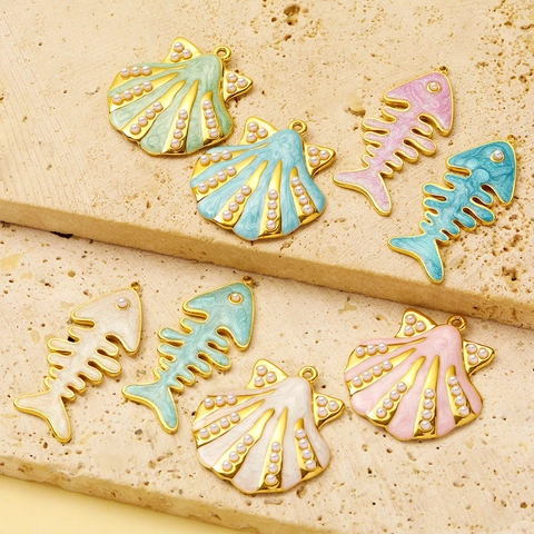 Marine Ocean Style Stainless Steel Enamel Scallop Shell Fish Bone Pendants With Artificial Pearl Gold Plated DIY Jewelry Making Charms