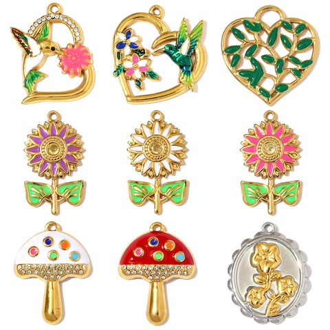 Stainless Steel Enamel Mushroom Sunflower Hummingbird Heart Floral Pendants With Rhinestones For DIY Jewelry Making Charms