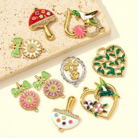 Stainless Steel Enamel Mushroom Sunflower Hummingbird Heart Floral Pendants With Rhinestones For DIY Jewelry Making Charms