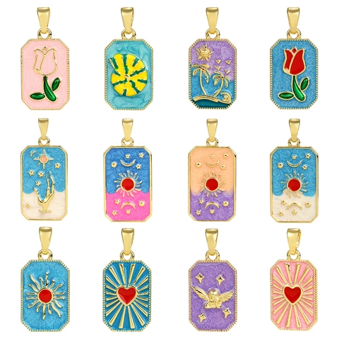 Colgante Rectangular de Cobre y Esmalte Estilo Carta de Tarot Vintage Dorado Sol Luna Estrella Ángel Corazón Tulipán Joyería DIY