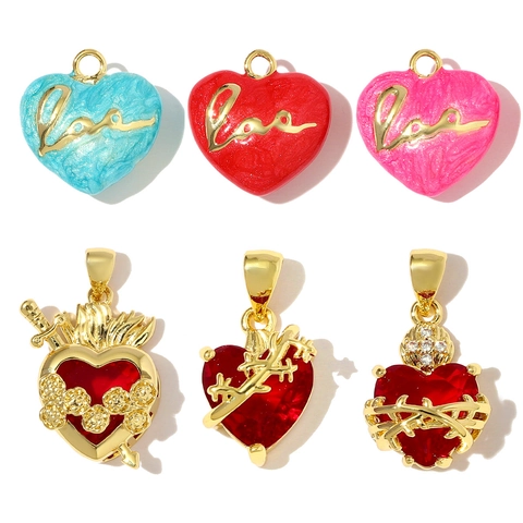 European American Vintage Religious Sacred Heart Pendant Copper Gold Plated Zircon Enamel Love Heart Crown Sword Rose DIY Jewelry Charm
