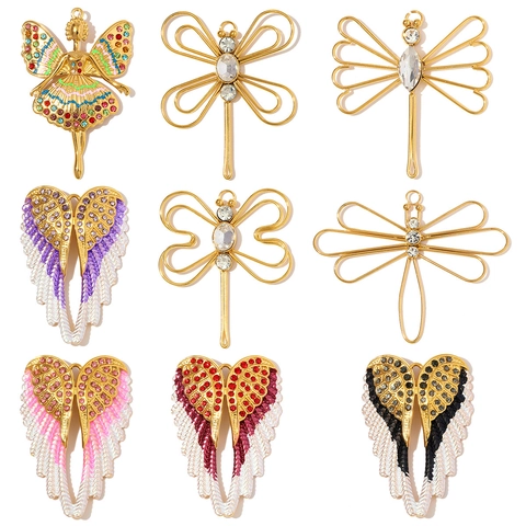 Stainless Steel Rhinestone Enamel Angel Wings Dragonfly Fairy Pendants For DIY Necklace Jewelry Making Gold Plated Charms
