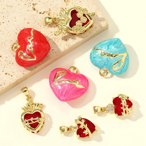 European American Vintage Religious Sacred Heart Pendant Copper Gold Plated Zircon Enamel Love Heart Crown Sword Rose DIY Jewelry Charm