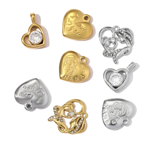 French Vintage Stainless Steel Heart Pendant For Women DIY Jewelry Making Gold Silver Rhinestone Engraved Charms