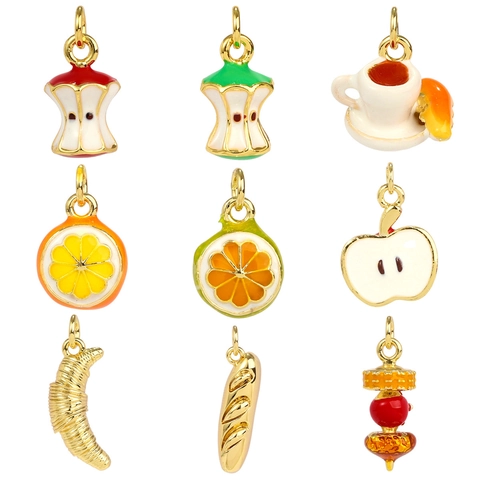 3D Enamel Food Fruit Pendants Copper Apple Orange Coffee Cup Croissant Baguette Charms For Jewelry Making Handmade Craft