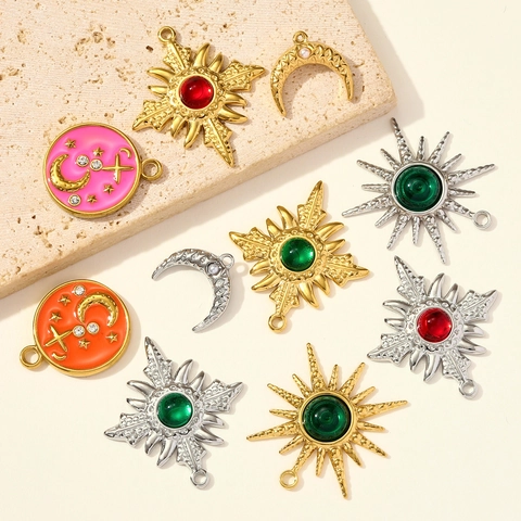 Pendaglio in Acciaio Inossidabile con Stella Luna Croce per Donna Vintage Smalto Intarsiato Pietra di Vetro Fai da Te Ciondolo
