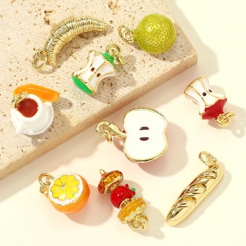 3D Enamel Food Fruit Pendants Copper Apple Orange Coffee Cup Croissant Baguette Charms For Jewelry Making Handmade Craft