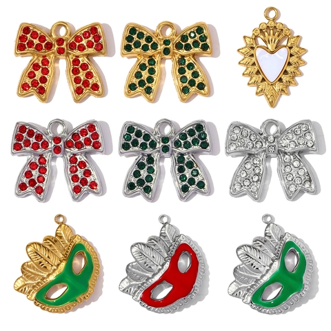 Stainless Steel Bow Mask Heart Pendants Rhinestone Enamel Gold Silver Charms For Women DIY Jewelry Making Pendant Accessories