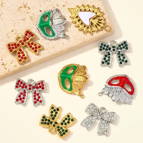 Stainless Steel Bow Mask Heart Pendants Rhinestone Enamel Gold Silver Charms For Women DIY Jewelry Making Pendant Accessories