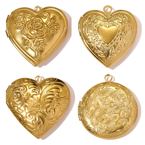 Stainless Steel Heart Round Locket Pendant Embossed Flower Pattern Openable Photo Frame Jewelry For Women Gold Locket