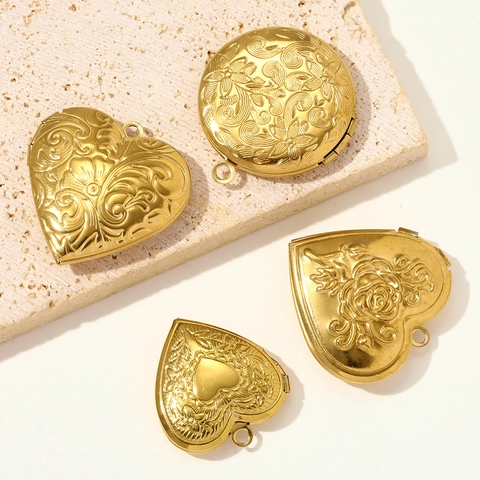 Stainless Steel Heart Round Locket Pendant Embossed Flower Pattern Openable Photo Frame Jewelry For Women Gold Locket