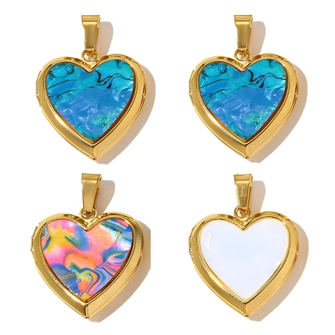 Stainless Steel Heart Locket Pendant For Women Gold Plated Photo Frame Necklace With Marble Resin Pattern Vintage Jewelry