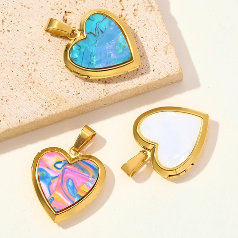 Stainless Steel Heart Locket Pendant For Women Gold Plated Photo Frame Necklace With Marble Resin Pattern Vintage Jewelry
