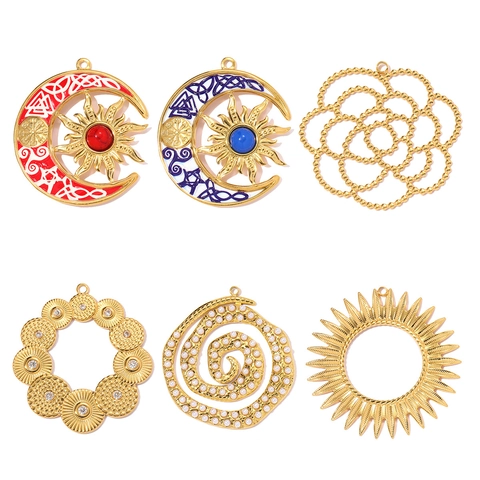 Titanium Steel Sun Moon Pendants With Enamel Celtic Knot Hollow Flower Spiral Artificial Pearl Rhinestone Charms For DIY Necklace Making