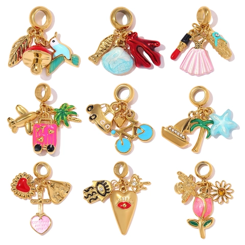 Stainless Steel DIY Pendant Charms Enamel Rhinestone Bee Flower Heart Starfish Airplane Suitcase Jewelry Making Accessories