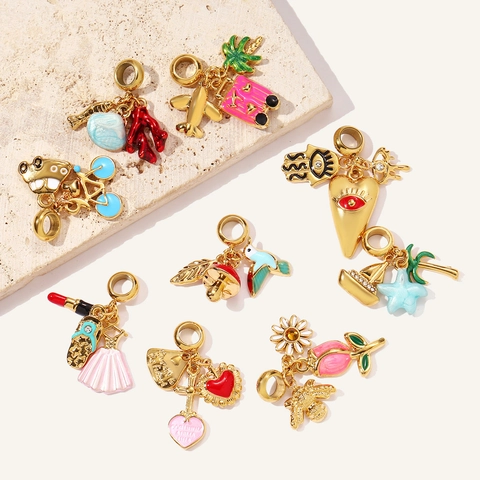 Stainless Steel DIY Pendant Charms Enamel Rhinestone Bee Flower Heart Starfish Airplane Suitcase Jewelry Making Accessories