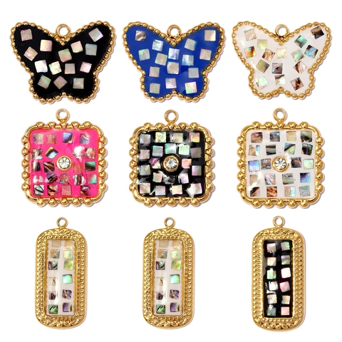 Colgante Cuadrado de Mariposa de Acero Inoxidable Vintage para Mujer Creación de Joyas DIY Incrustación de Concha de Abulón Diamante de Imitación Esmalte