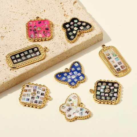 Colgante Cuadrado de Mariposa de Acero Inoxidable Vintage para Mujer Creación de Joyas DIY Incrustación de Concha de Abulón Diamante de Imitación Esmalte