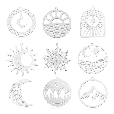 Pendentif Minimaliste en Acier Inoxydable Sans Chaîne Soleil Lune Montagne Pour DIY Fabrication de Bijoux