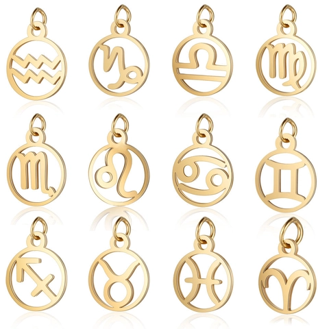Mirror Polished Stainless Steel Zodiac Pendant Hollow Round Astrology Sign Charms For DIY Necklace Bracelet Making Jewelry
