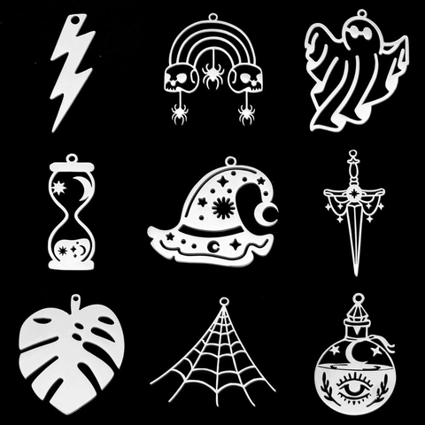 Pendentifs Gothiques en Acier Inoxydable pour DIY Bijoux Halloween Tête de Mort Toile d'Araignée Lune Étoile Dague Potion