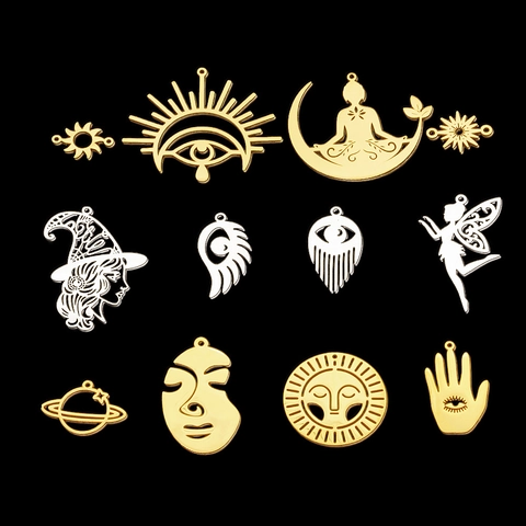 Pendenti Mistici Traforati in Acciaio Inossidabile Sole Luna Strega Fata Viso Astratto Occhio del Diavolo Charms per Fai da Te Accessori Gioielli