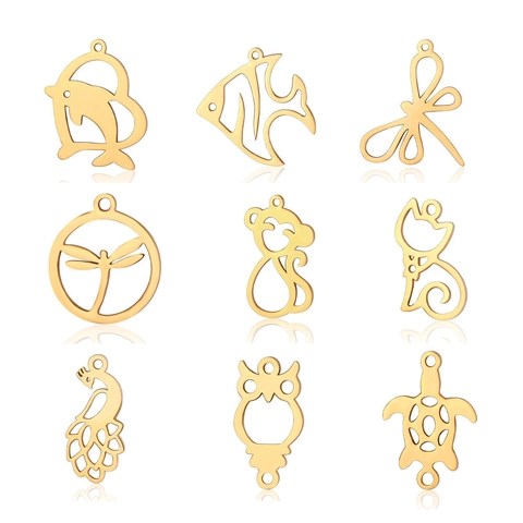 Pendentifs Animaux Creux en Acier Inoxydable Hibou Dauphin Libellule Singe Tortue Pour Création de Bijoux DIY Accessoires