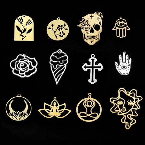 Stainless Steel Hollow Out Flower Rose Yoga Hamsa Hand Cross Pendant For Necklace DIY Jewelry Making Findings Accessory