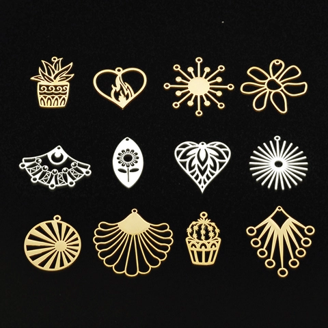 Stainless Steel Pendants DIY Jewelry Accessories Heart Flower Cactus Sunburst Geometric Fan Hollow Charms For Necklace Making