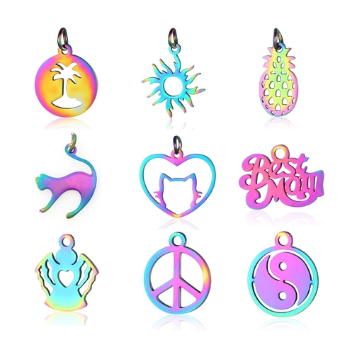 Stainless Steel Iridescent Rainbow DIY Pendant Hollow Out Jewelry Making Accessories Animal Heart Sun Palm Tree Charms