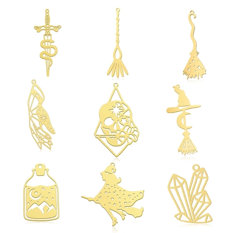Stainless Steel Witch Broom Pendants Gothic Snake Skull Sword Charms For DIY Jewelry Making Mystical Halloween Necklace Accessories