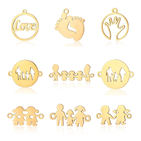 Stainless Steel Family Silhouette Pendants Polished Gold Silver Boy Girl Baby Feet Love Charms For DIY Necklace Jewelry Making