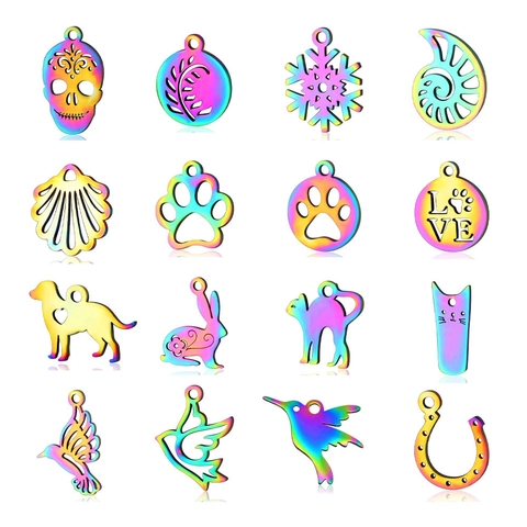 Rainbow Iridescent Stainless Steel Animal Pendants For DIY Jewelry Making Cat Dog Paw Rabbit Bird Skull Heart Charms