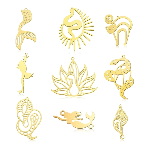 Minimalist Stainless Steel Animal Charms Mermaid Tail Cat Snake Frog Sea Shell Bird Hollow Out Pendant Jewelry Making DIY Accessories