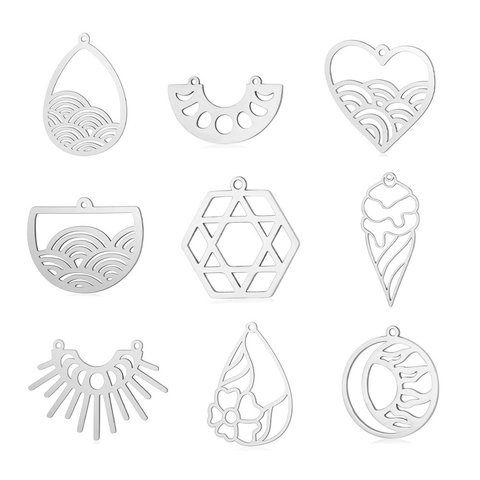 Pendentifs Ajourés en Acier Inoxydable Accessoires de Bijoux DIY Vague Glace Phase de Lune Ananas Éclair Breloques Géométriques