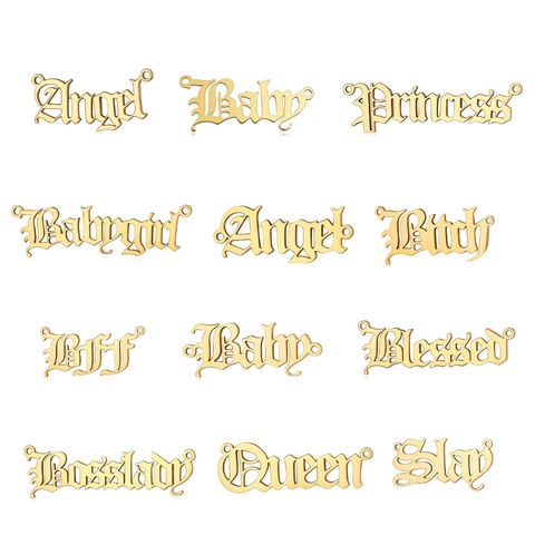 Gothic Letter Pendant Stainless Steel DIY Necklace Connectors Angel Princess Queen Baby Old English Font Jewelry Making Findings