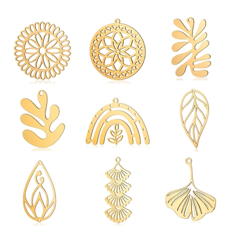 Pendentif Feuille de Ginkgo en Acier Inoxydable Fleur Feuille DIY Accessoire Ajouré Électroplaqué Or Argent Collier Femme